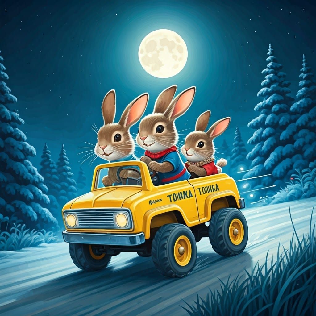 Whimsical Storybook Bunnies Speed Through Moonlit Night