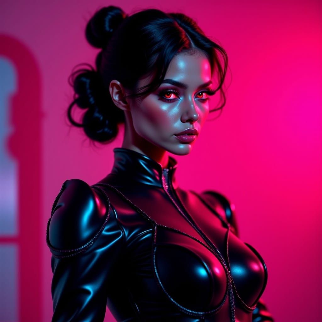 Elegant Cyberpunk Goddess with Red Glowing Eyes