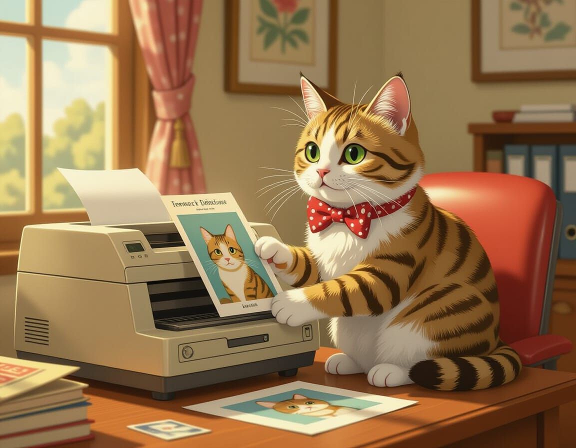Cat Using Copy Machine in Whimsical Style