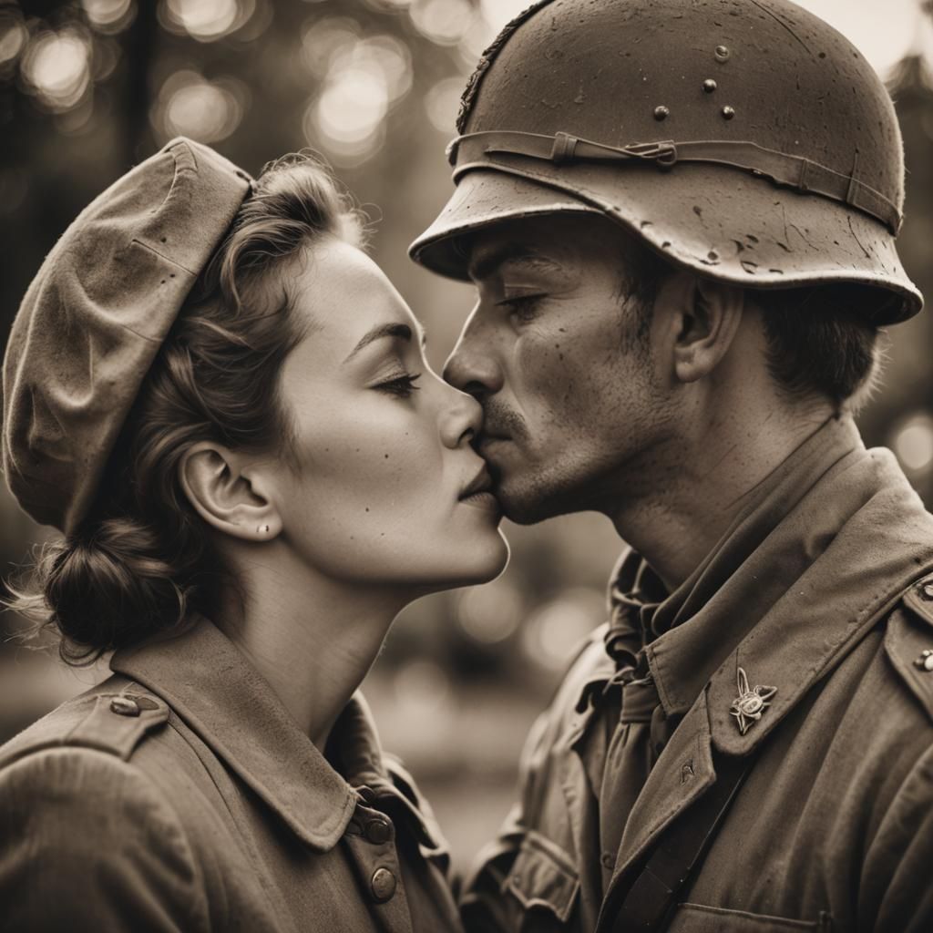 Soldier's Kiss: A 1940s Sepia Portrait