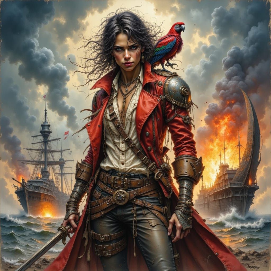 Bone Captain Marrow on Airship Deck, Cyberpunk Oil Painting