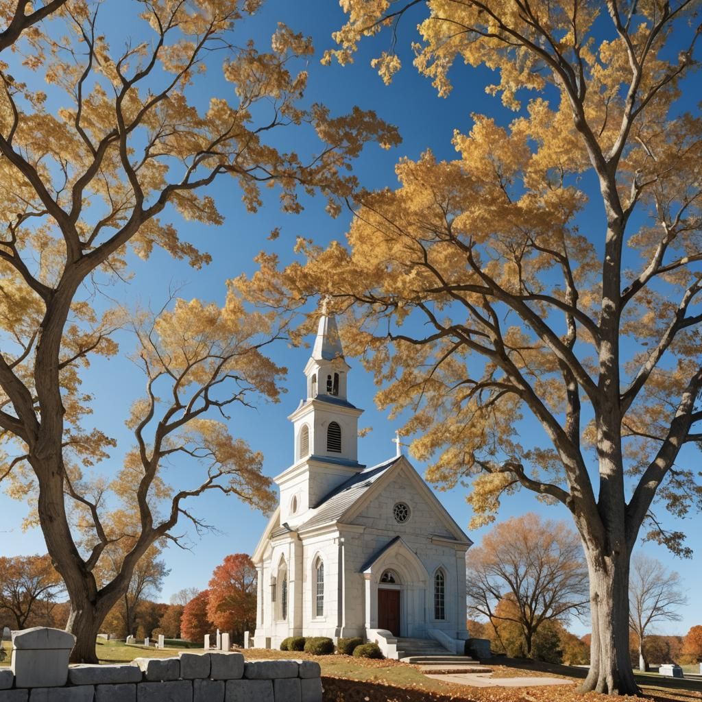 Autumnal Country Chapel with Cross and Blue Skies