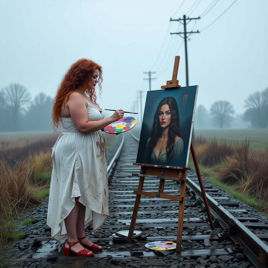 Woman Painting in Rainy Field: Cinematic Realism