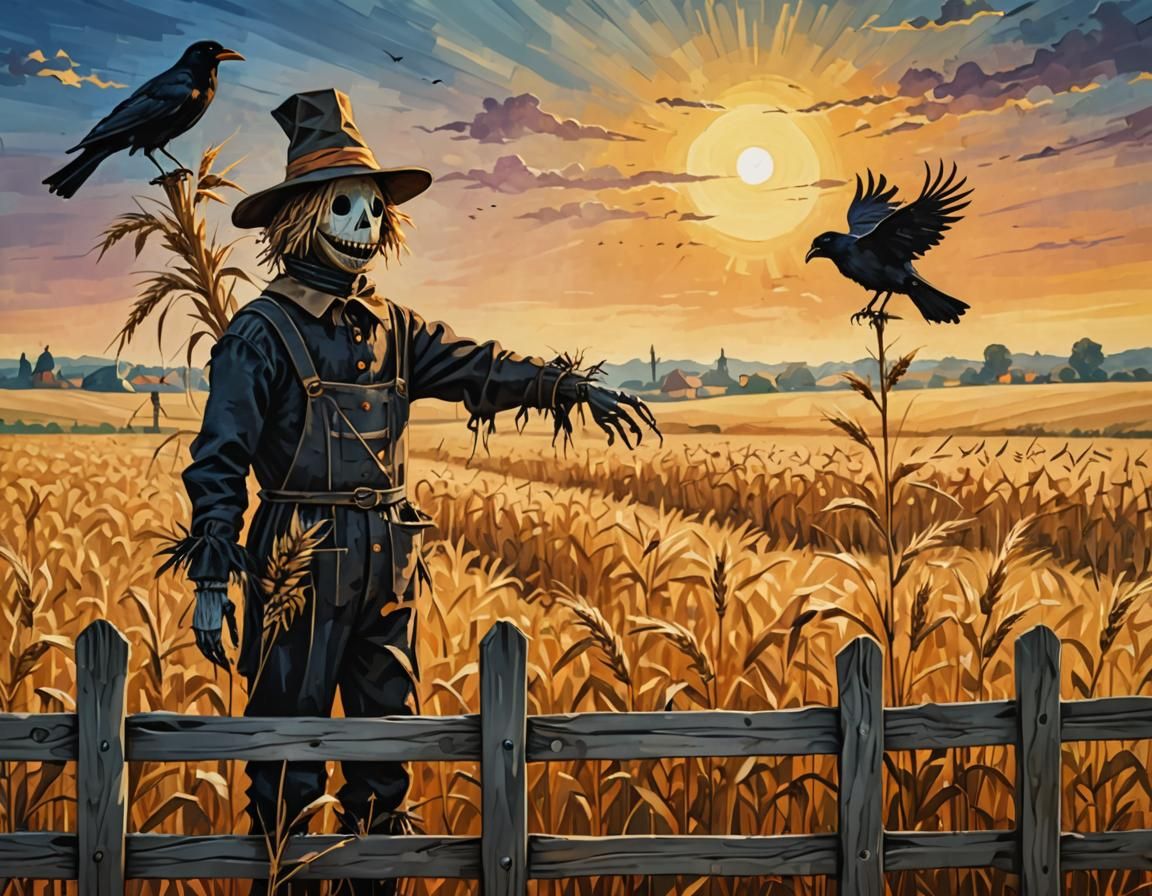 Scarecrow and Crow in Wheat Field at Sunset