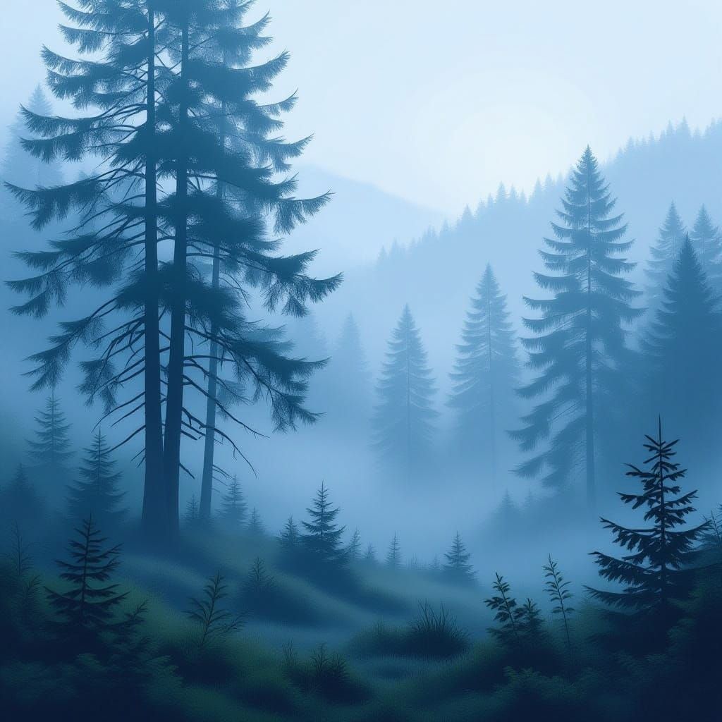 Misty Pine Forest Morning Digital Matte Painting