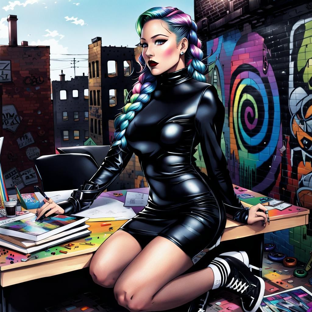 Anime Headmistress in Graffiti City Ruins