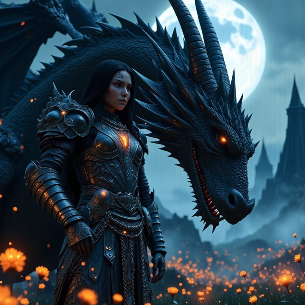 Warrior Woman and Dragon in Mystical Field
