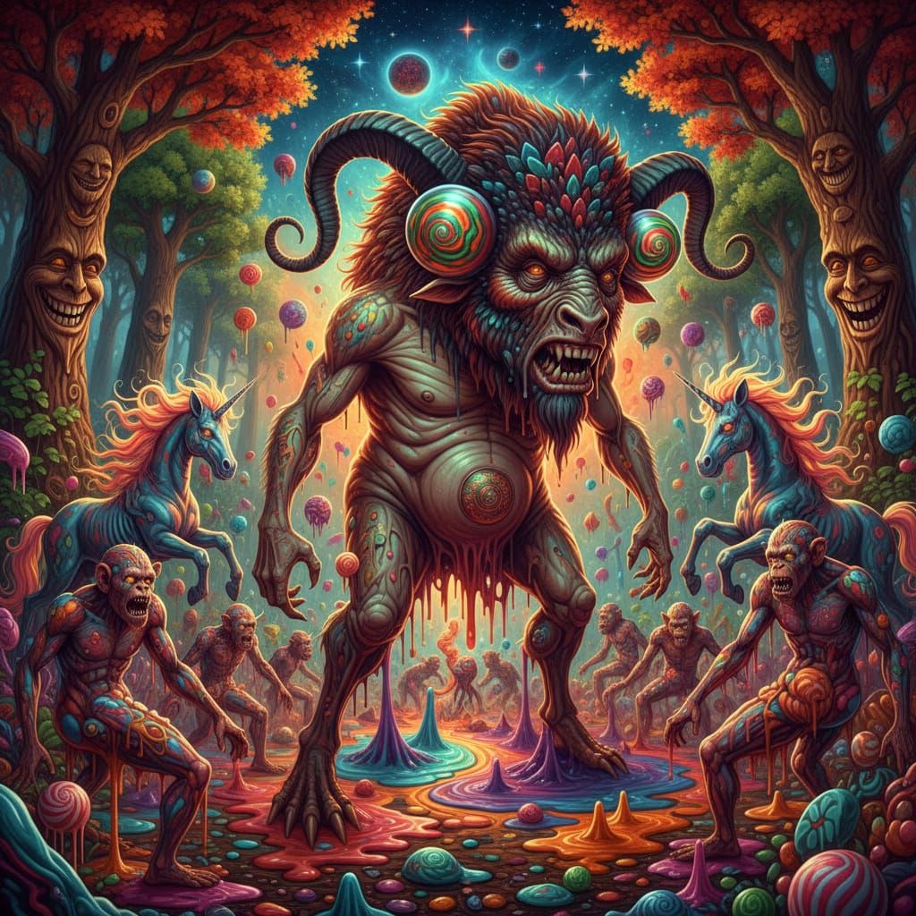 Psychedelic Wizard Humanoid with Melting Candy Apes and Cosm...