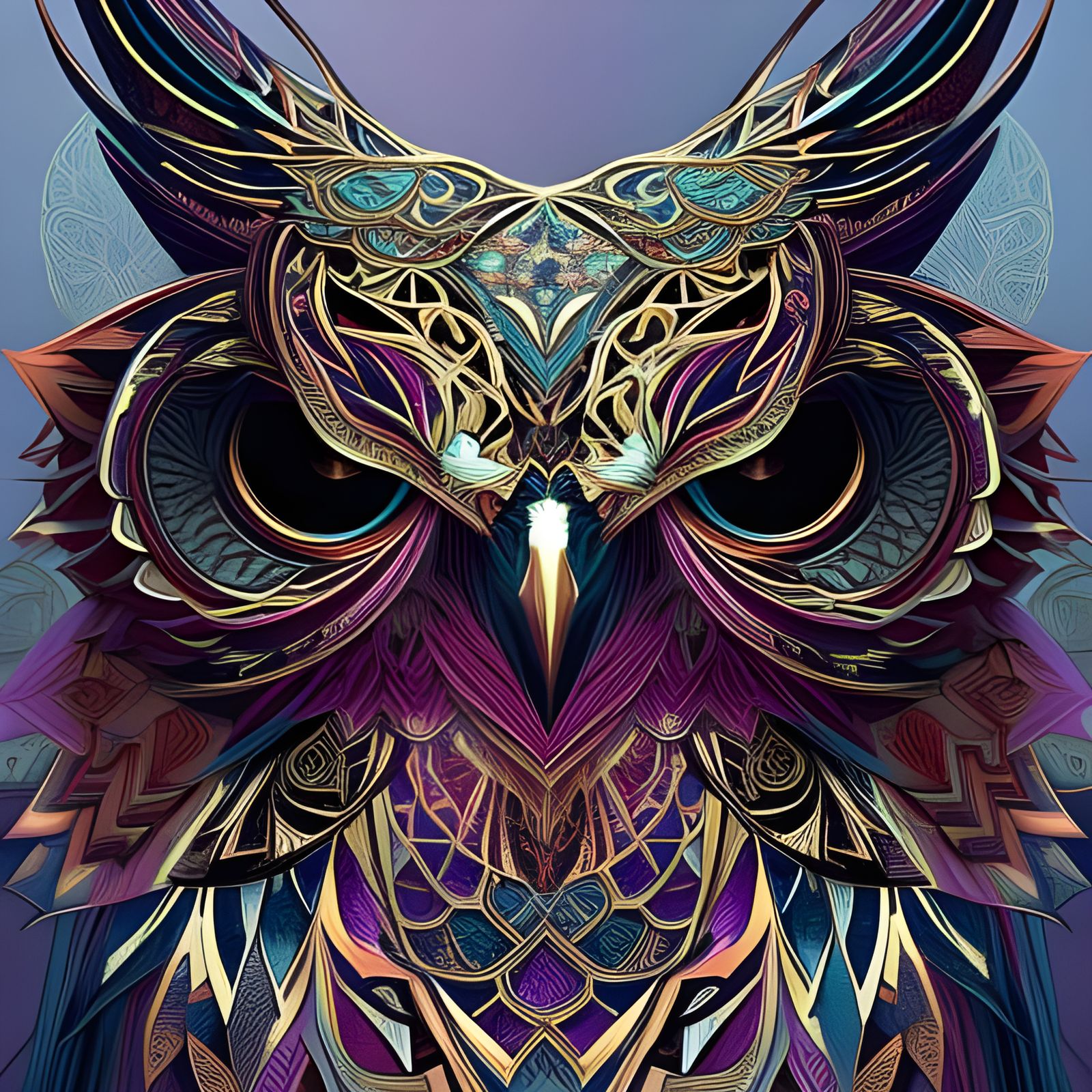 Detailed Owl Portrait with Bronze Outlines