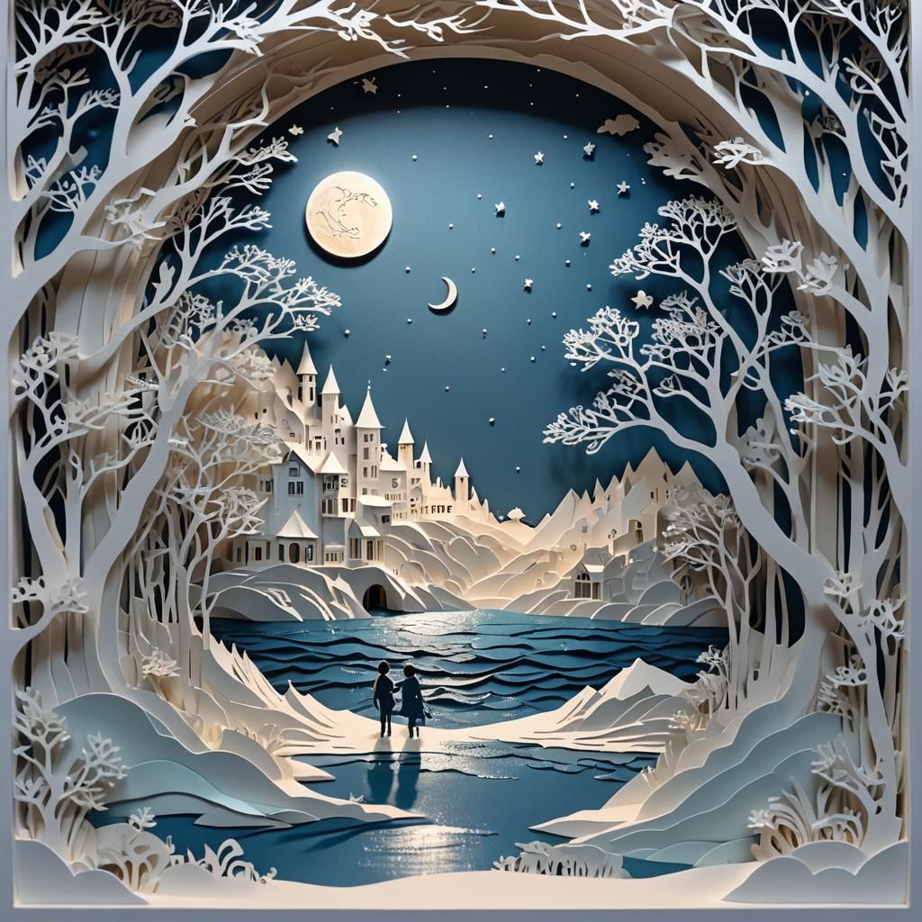 Intricate Kirigami Diorama of Moonlit Paper Landscape