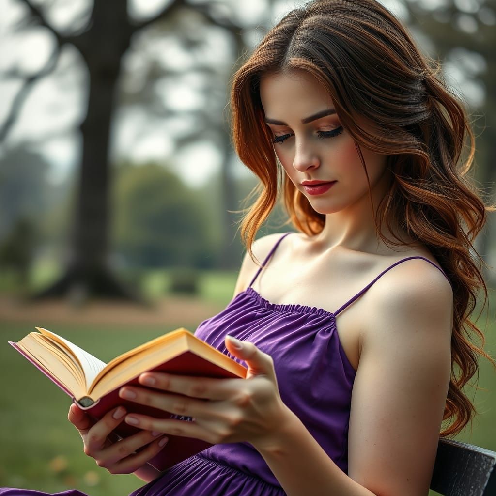 Elegant Woman Reads in Park's Sunset Glow