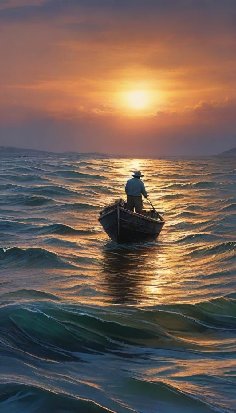 Fisherman Pulls Glowing Net from Vivid Ocean