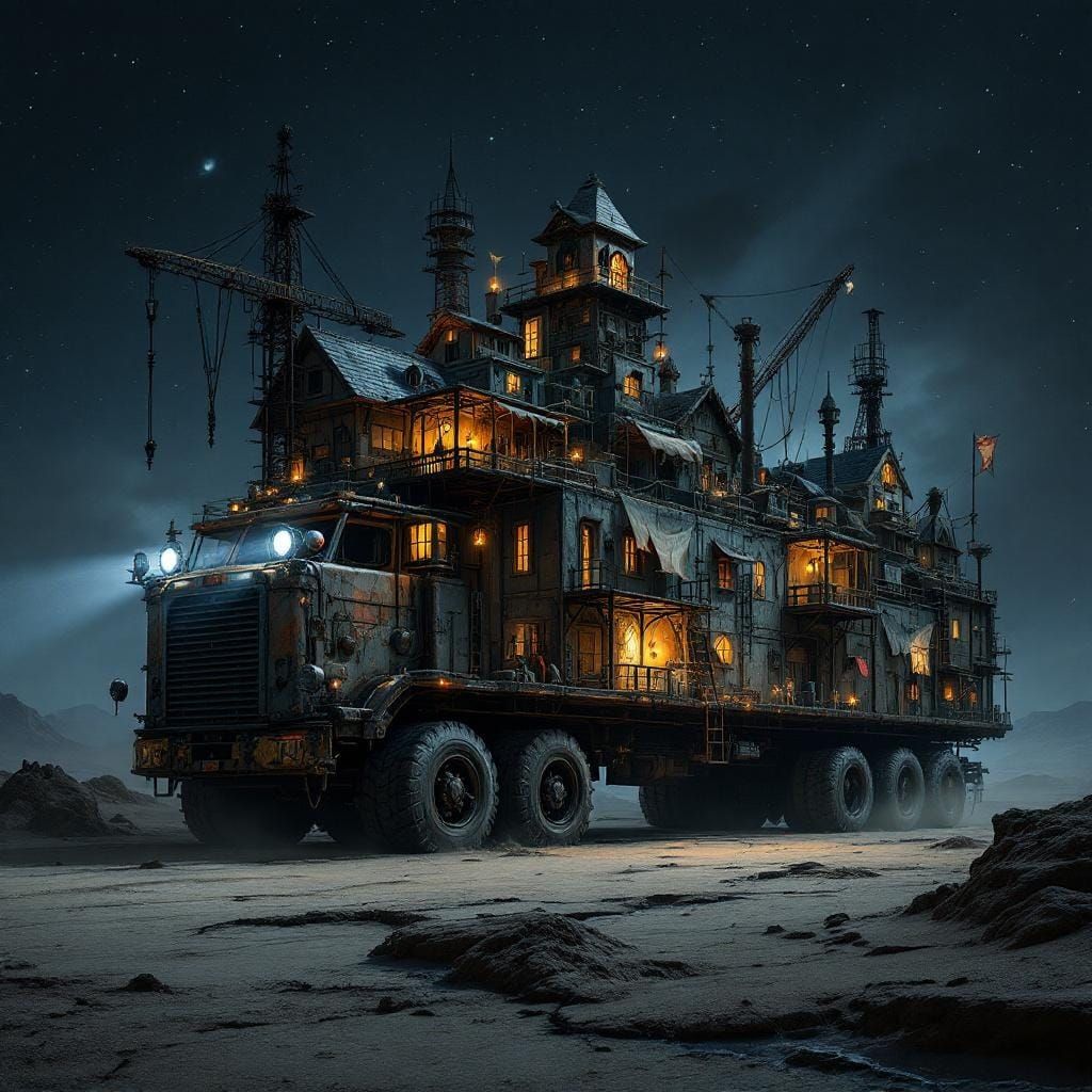 Surreal Desert Truck Village at Night