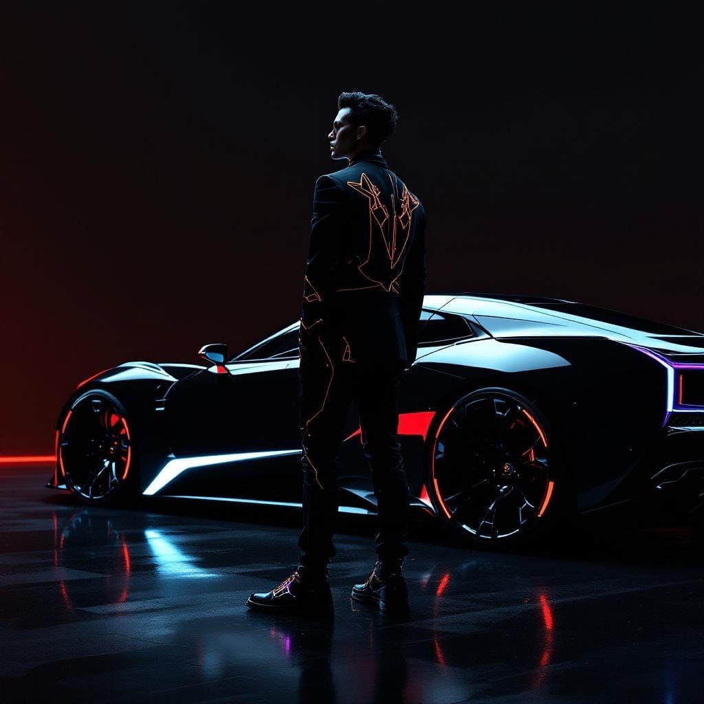 Futuristic Figure in Cyber-Tech Tuxedo with Chrome Cadillac