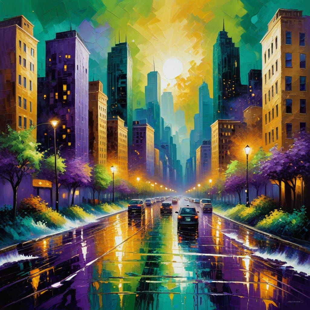 Abstract Cityscape in Vibrant Oil Colors on Golden Backgroun...