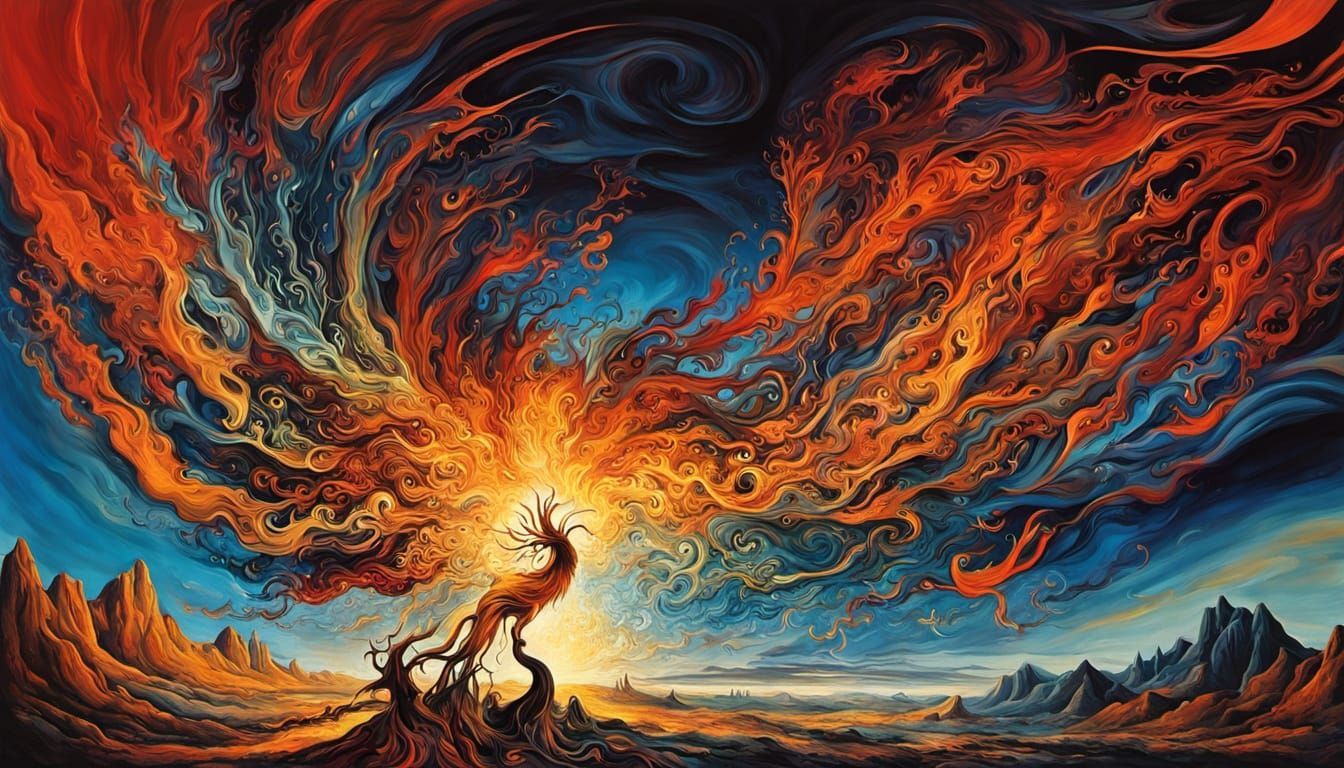 Phoenix Rising from Multicolored Energy Vortex, Surreal Digi...