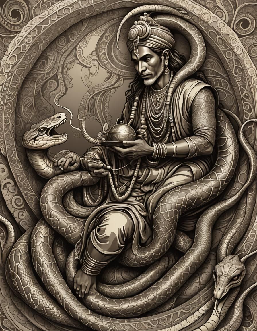 Indian Snake Charmer with Cobra in Abstract Style