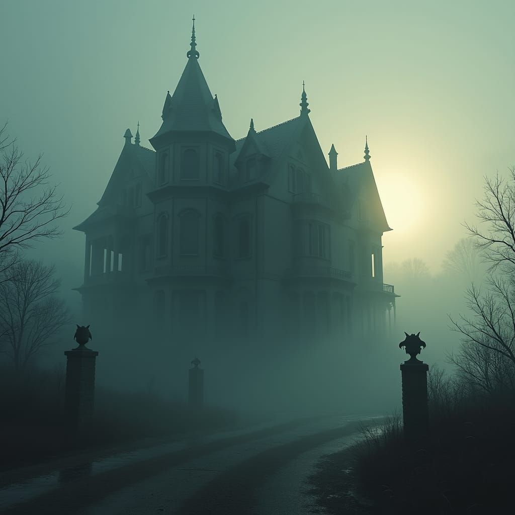 Ominous Victorian Mansion in Fog at Sunrise