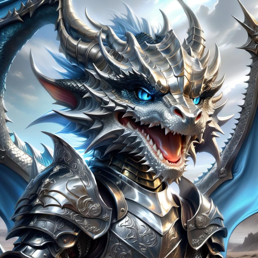 Dragon Knight in Silver Armor Roaring Angrily