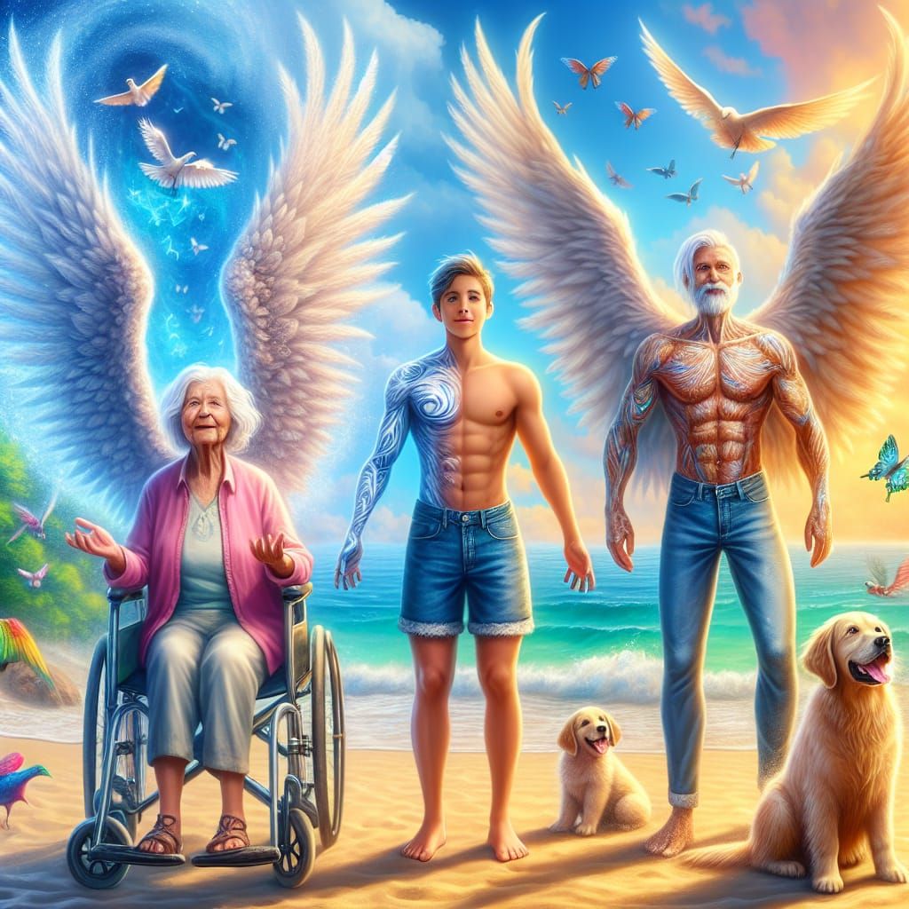 Winged Figures on a Sunny Beach: Colorful Concept Art