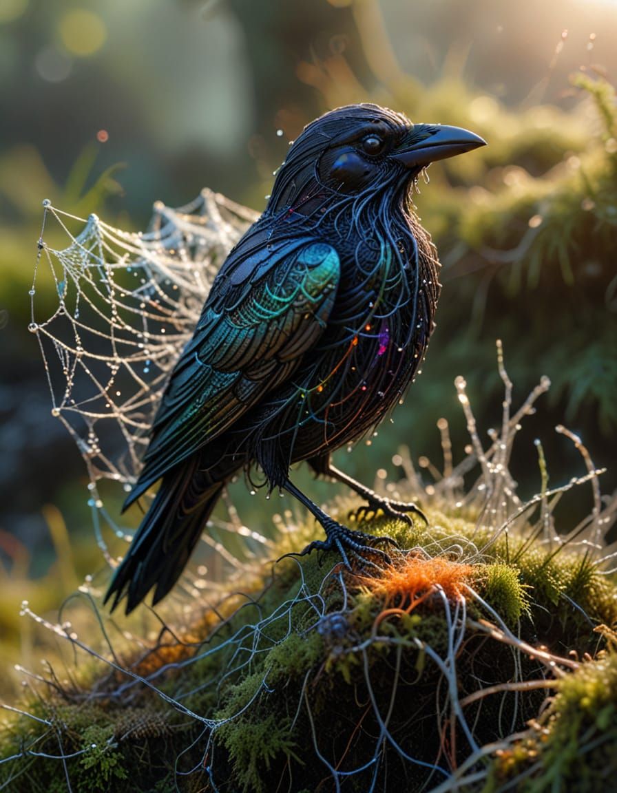 Intricate Spiderweb Raven Sculpture in Sunrise Light