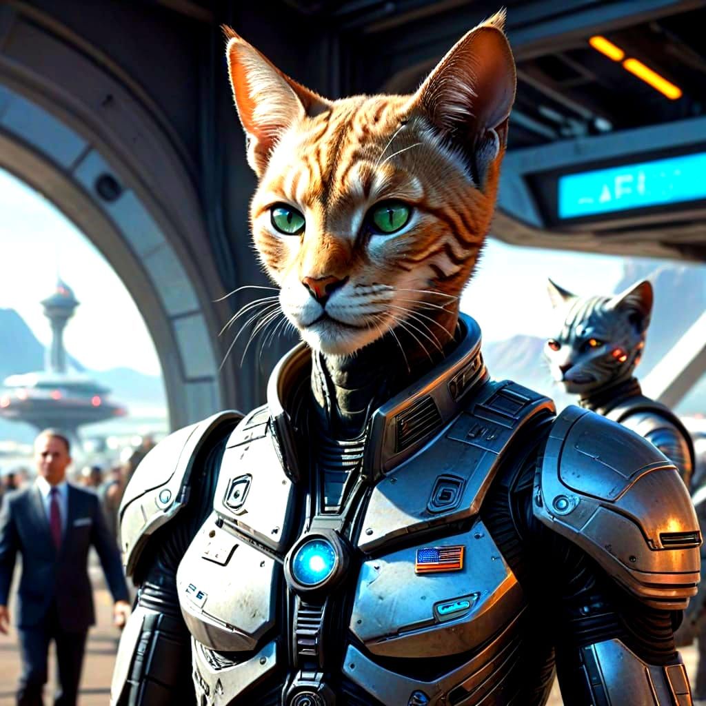 Futuristic Feline Diplomats in a Bustling Spaceport