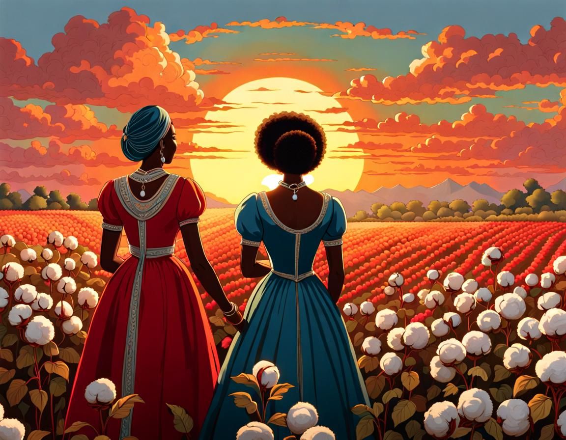 Hopeful Figures Gaze at Sunrise in Dark Fantasy Style