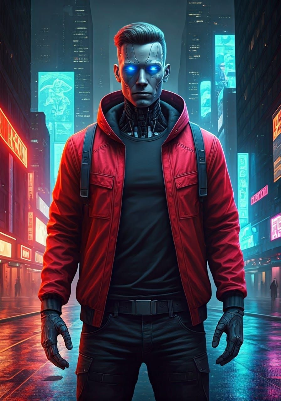 Cyberpunk Robot with Neon Lights in Cityscape