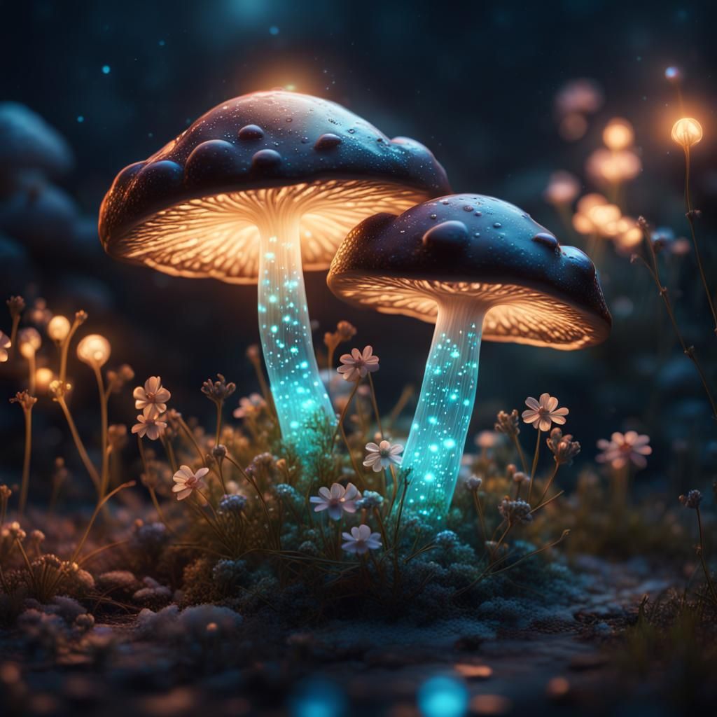 Bioluminescent Glass Mushroom with Flowers, Fantasy Art