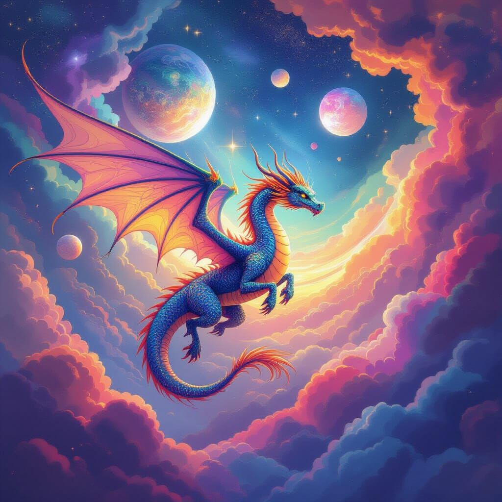 Dragon Soars Through Iridescent Cosmic Clouds in Astral Illu...