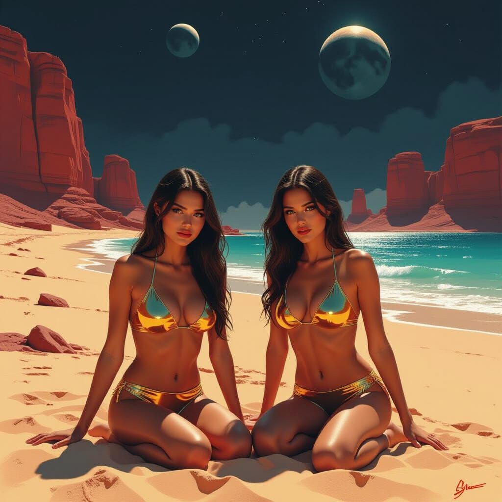 Two Women on Alien Beach in Dystopian Sci-Fi Style