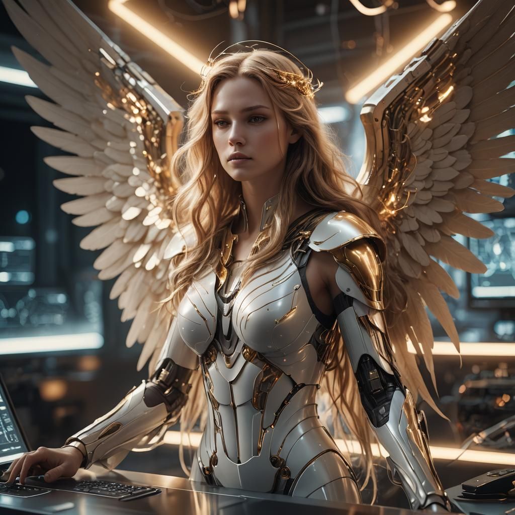 Angelic Figure at Futuristic Desk in Digital Matte Painting