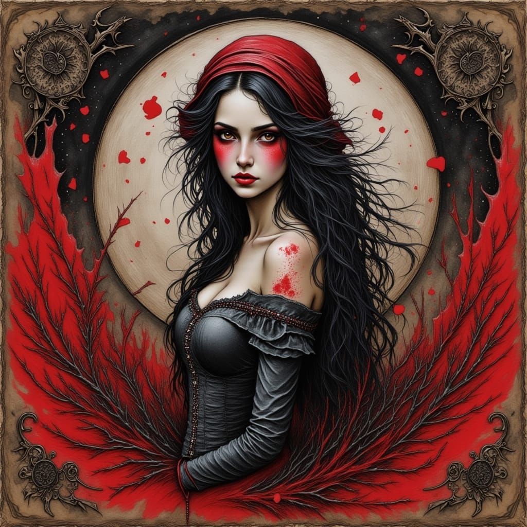 Red Mystery Woman in Charcoal and Ink Style