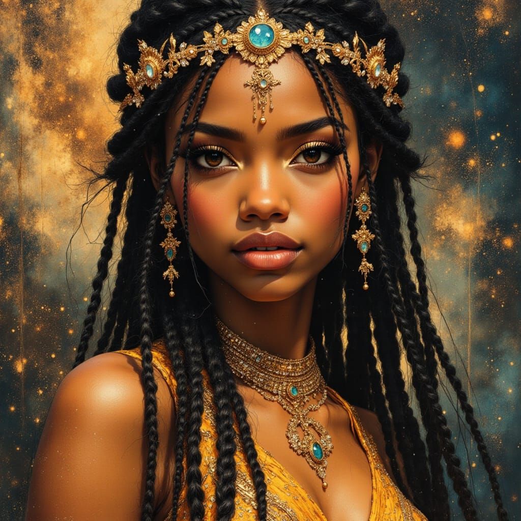 Celestial Black Woman in Cosmic Nebula