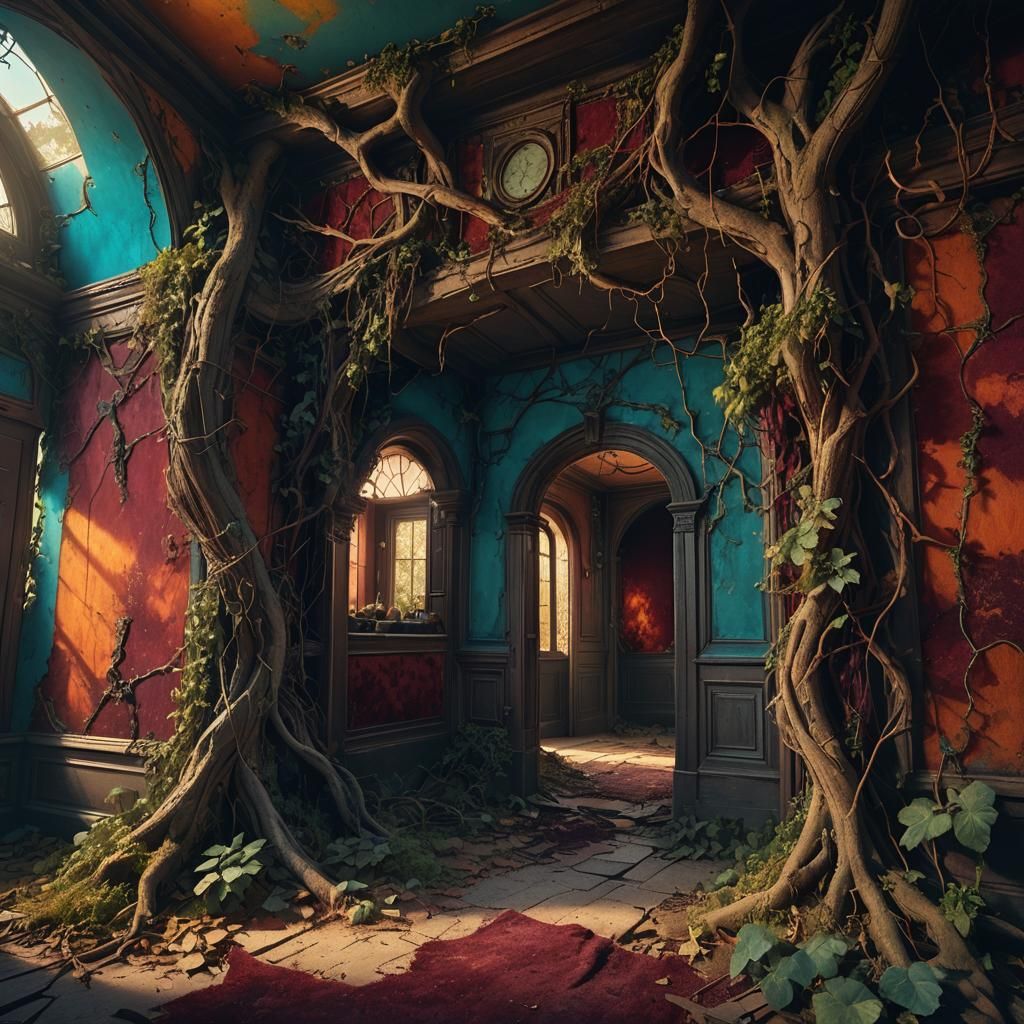 Mystical House Wall with Velvet Wallpaper, Fantasy Art