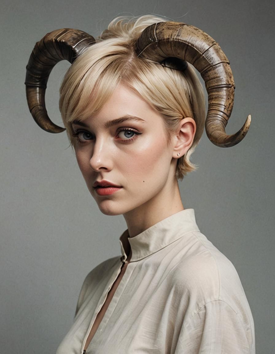 Girl with Ram Horns, Blonde Hair Portrait