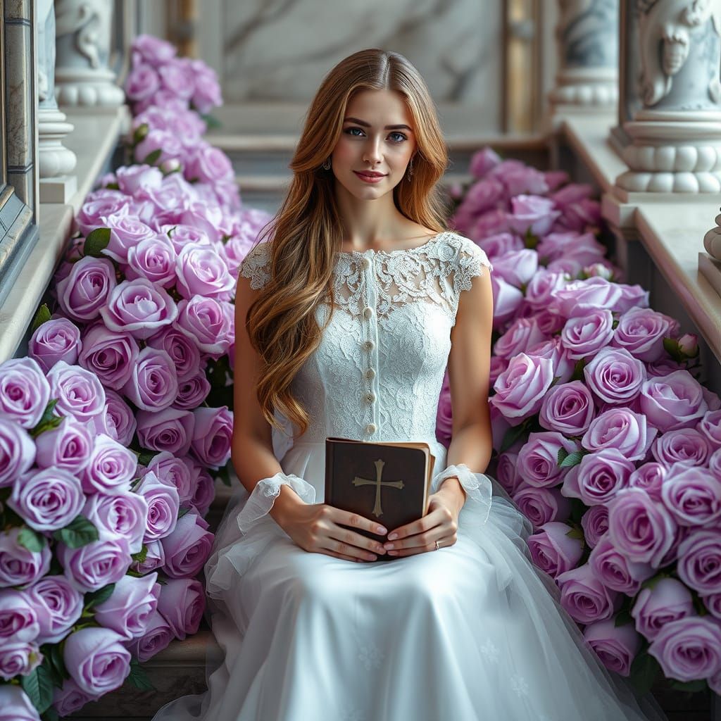 Woman in Wedding Gown Holding Book on Marble Steps