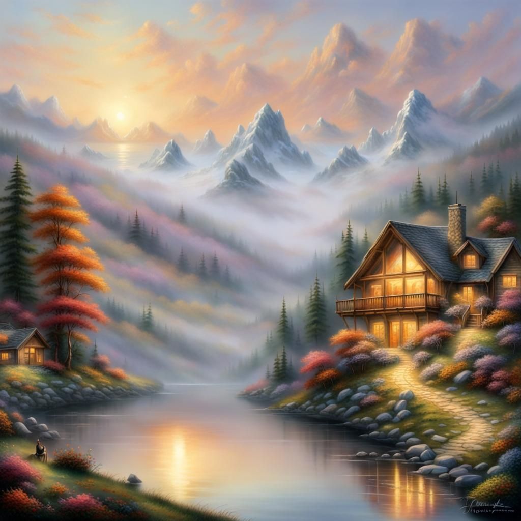 Misty Lakeside Chalet at Sunrise: Ethereal Fantasy