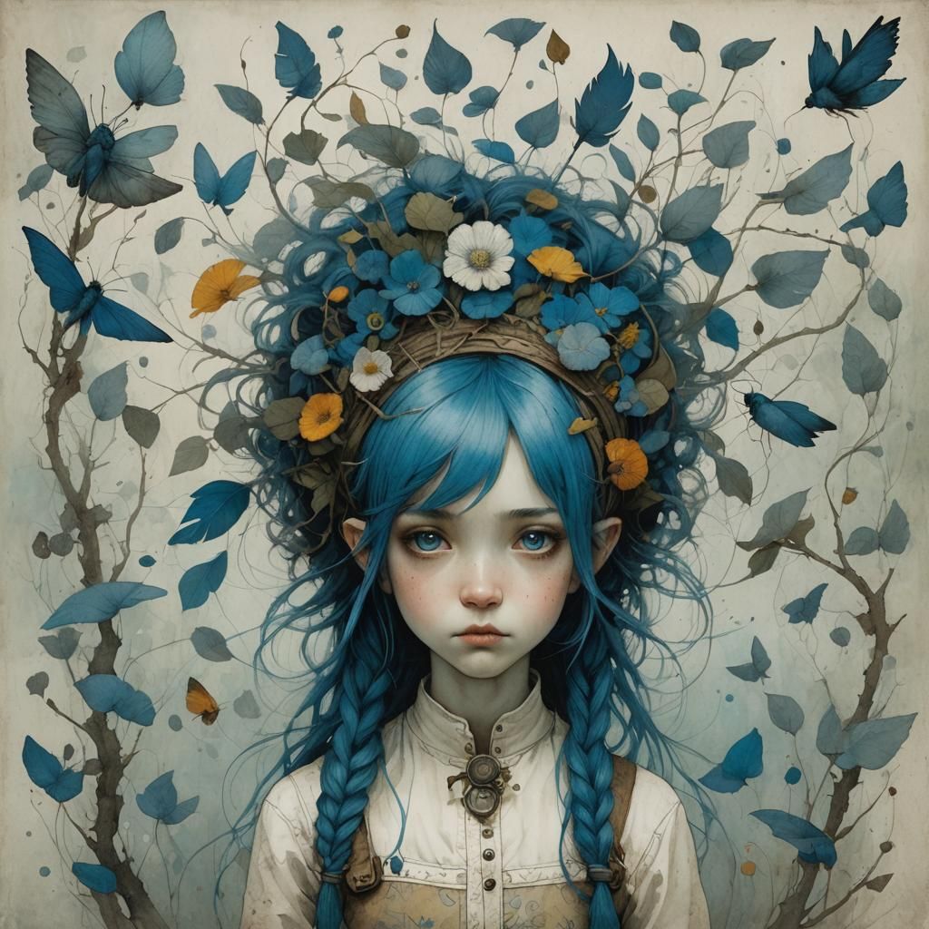 Blue Hair Gouache Painting in Fantasy Art Style