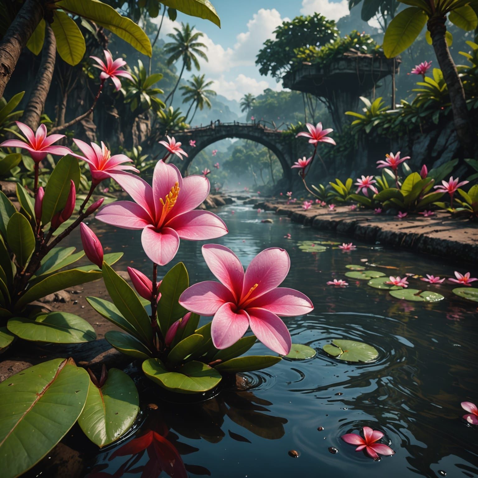 Pink Frangipani Blooms in a Fantastical River Landscape