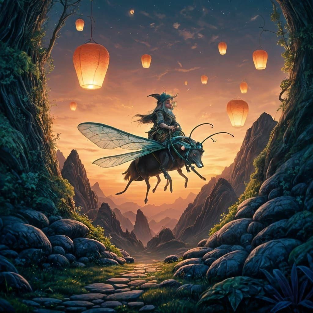 Gnome Rider on Firefly in Magical Landscape