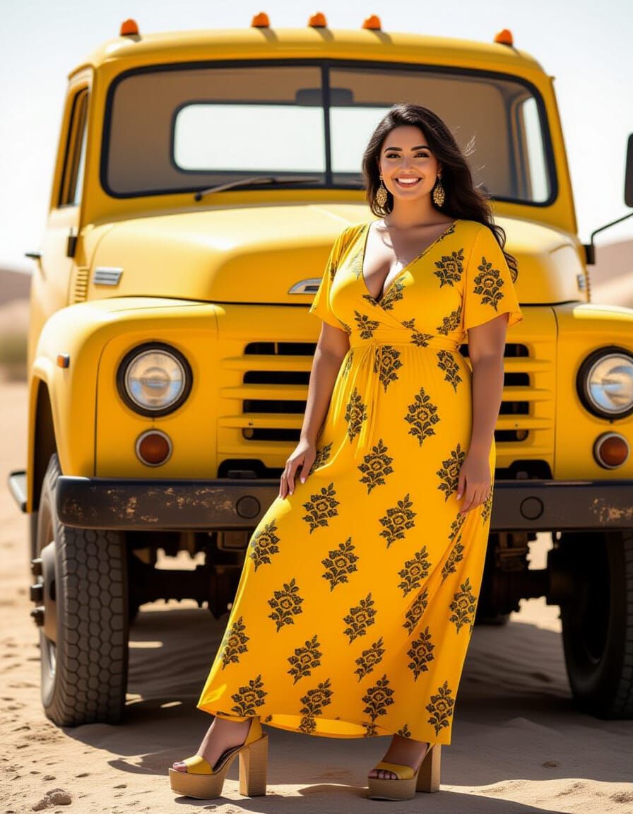 Egyptian Woman In Yellow Dress With Old Truck