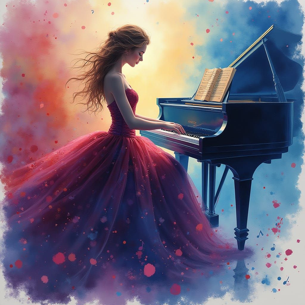 Pianist in Royal Dress, Watercolor Style