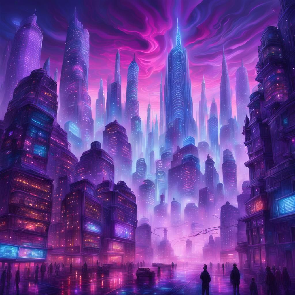 Futuristic Metropolis with Neon Lights, Surreal Digital Art