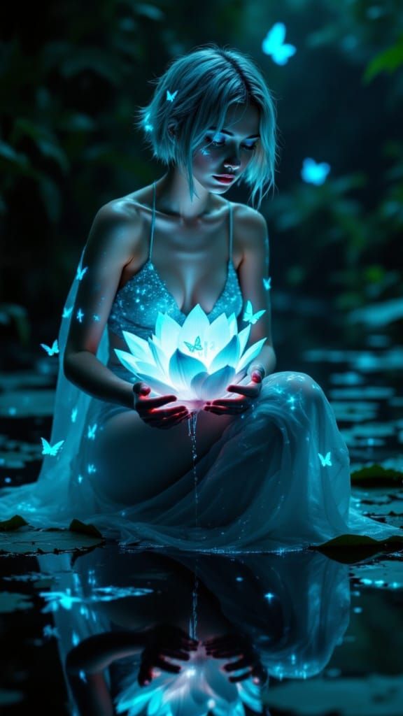 Serene Woman Holds Glowing Lotus in Bioluminescent Grotto