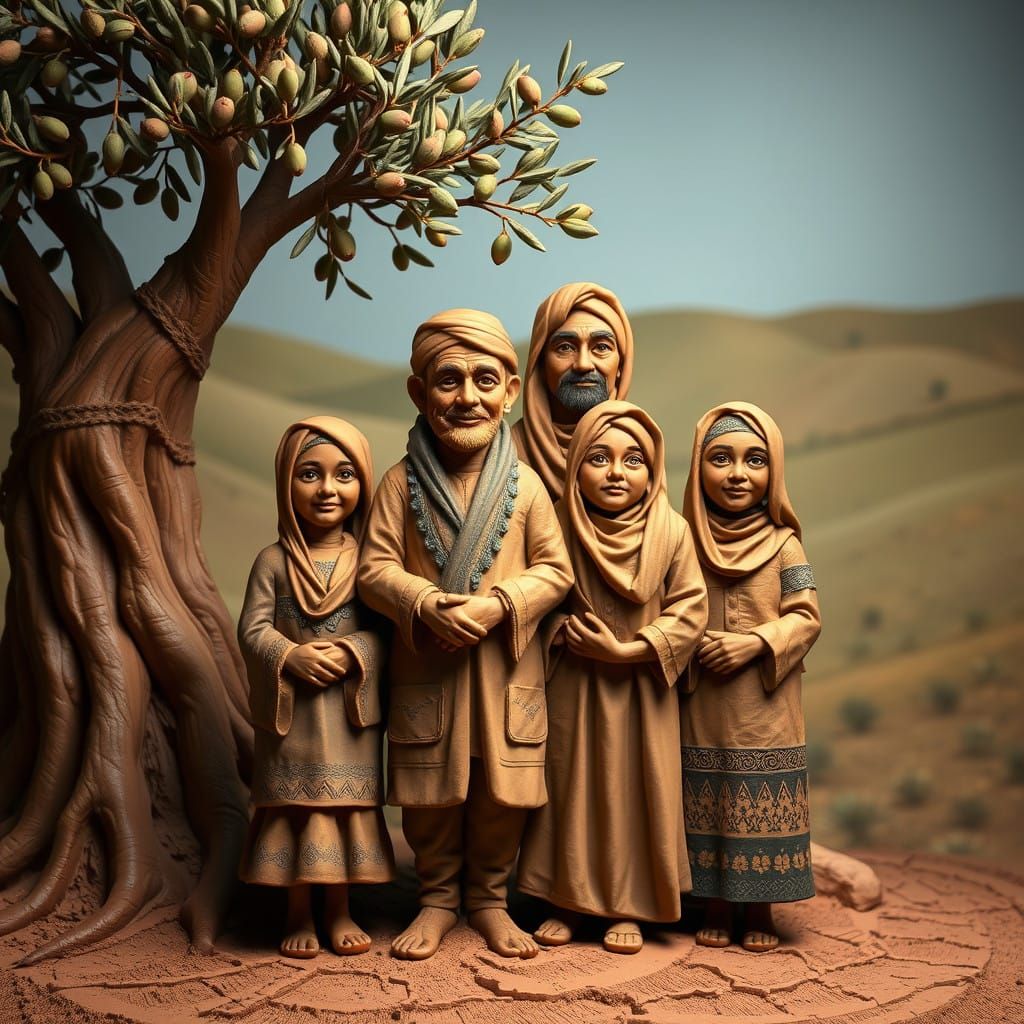 Palestinian Family Sculpted from Clay in Traditional Keffiye...
