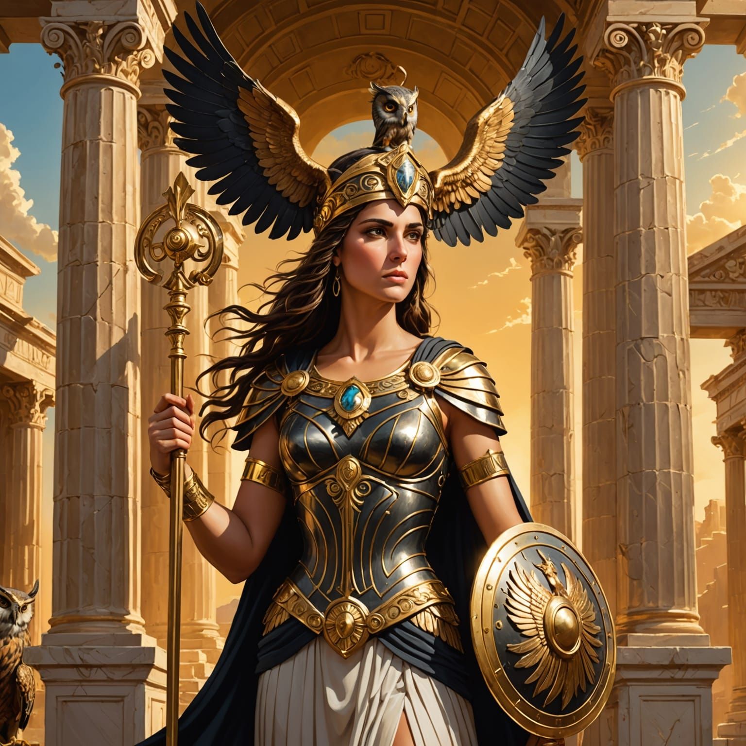 Athena in Golden Temple: Fantasy Digital Art