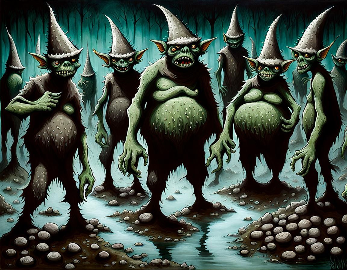 Spiky Hat Goblins in Surreal Dystopian Scene