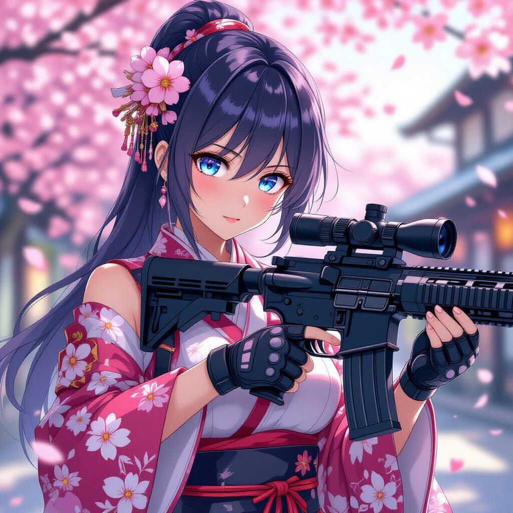 Anime Gunner Girl in Sakura Combat Outfit