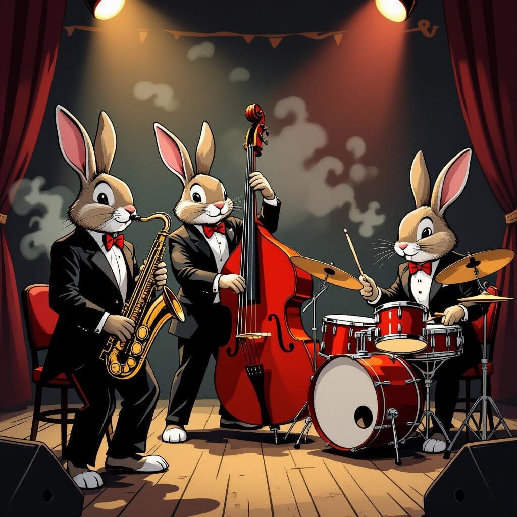 Anthropomorphic Rabbits Play Jazz in Vintage Club